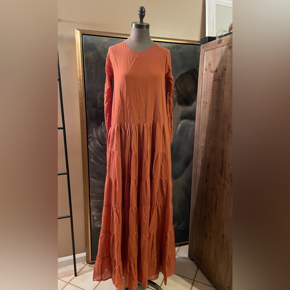 Erika Peña Casual Orange Tiered Sundress with Bishop Sleeves